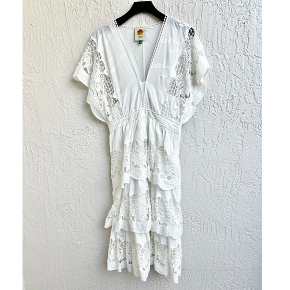 Farm Rio Richelier V-Neck Kimono Sleeves Tiered Lace Midi Dress Off-White Medium - Picture 3 of 9